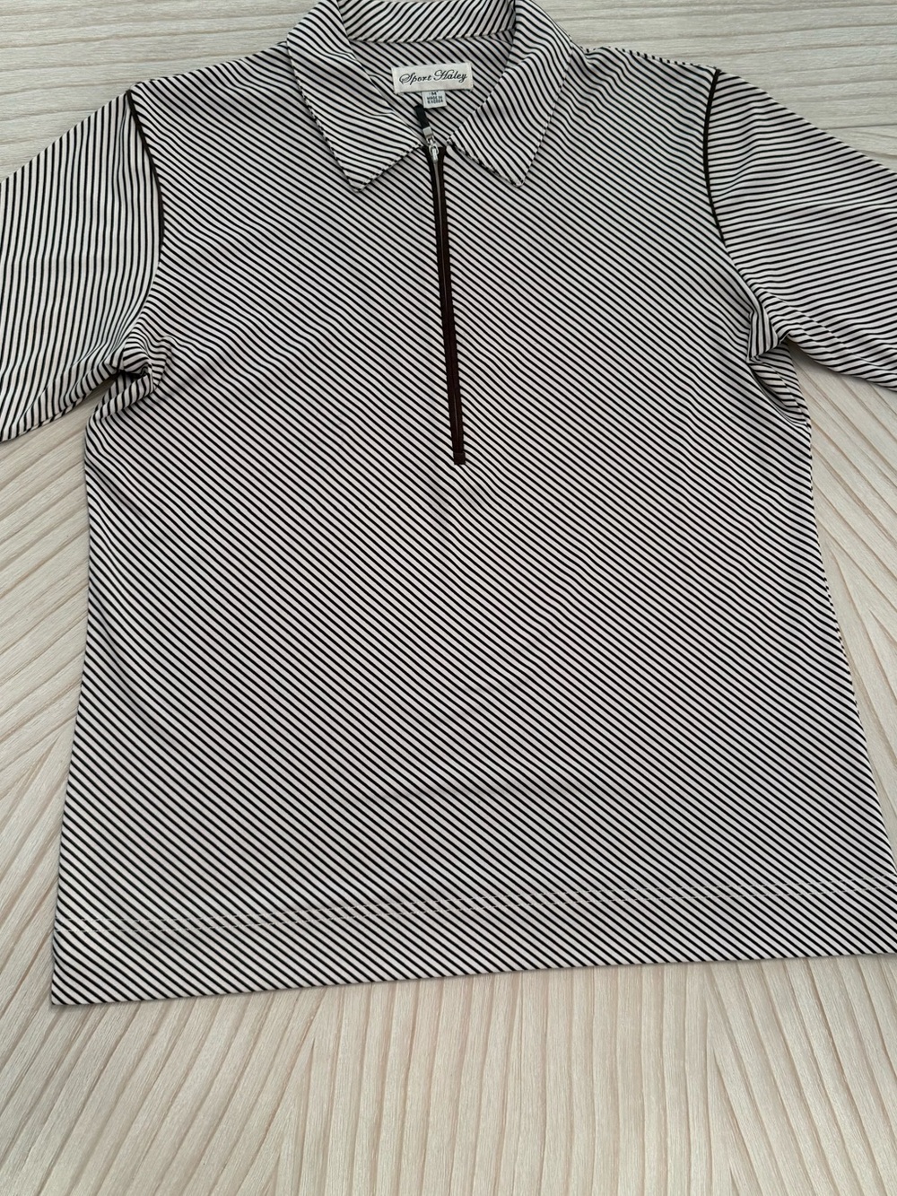 Sport Haley Black and White Striped Short Sleeve Polo Tee